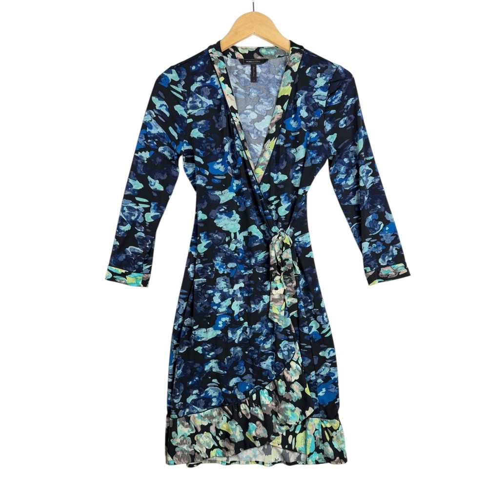 BCBGMAXAZRIA Womens Adele Wrap Dress size Small Blue Green Floral Print